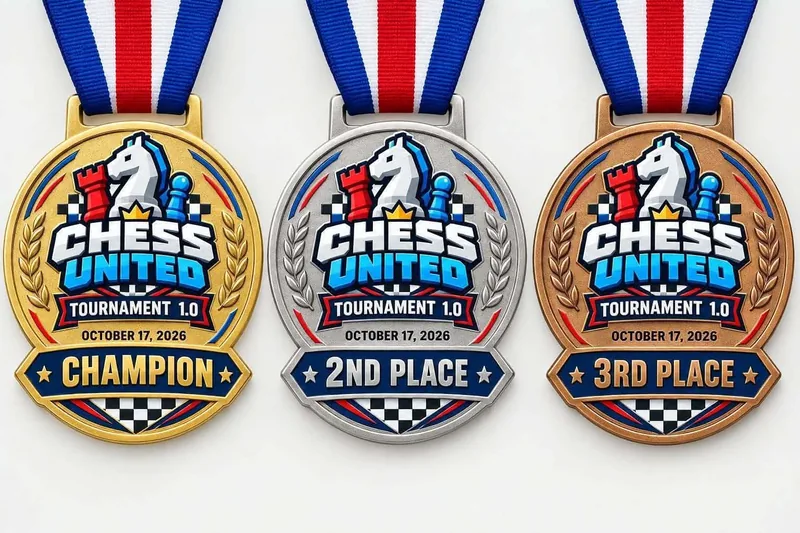 A close-up of the Chess United Tournament 1.0 champion, second-place and third-place medals.