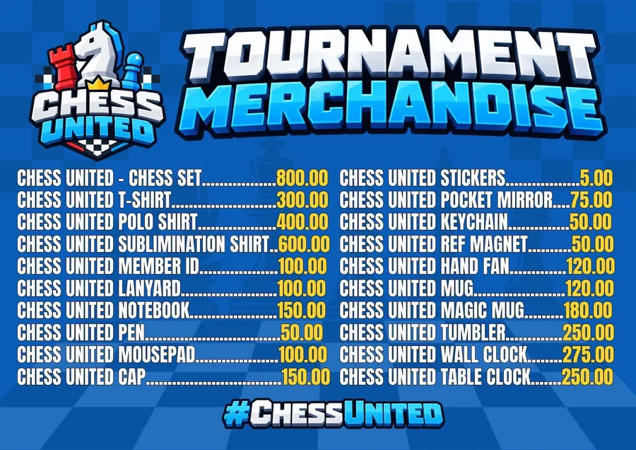 Chess United official merchandise price list poster with shirts, chess sets, clocks and small items.