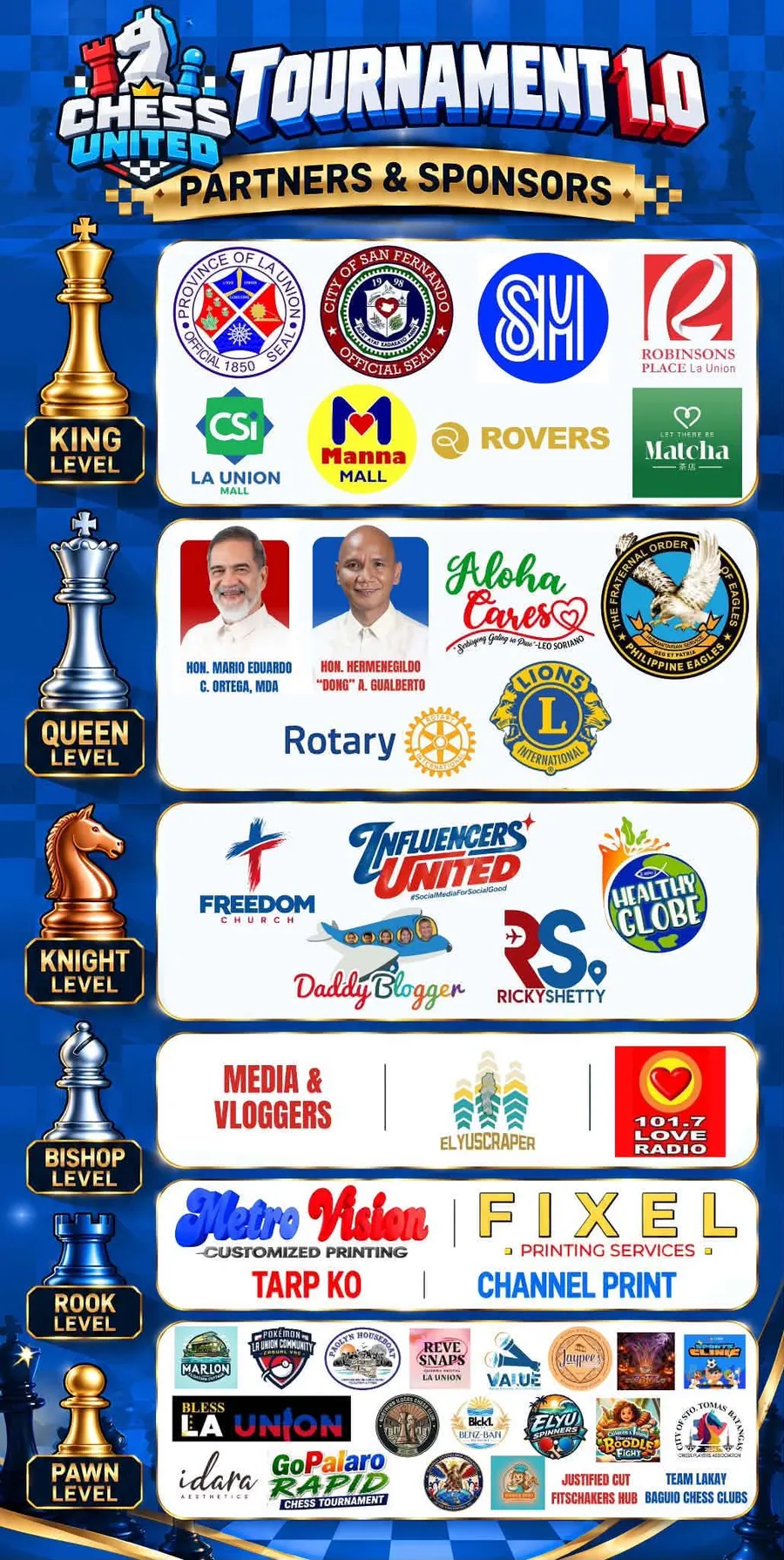 Chess United Tournament 1.0 partners and sponsors poster, listing partners by chess-piece tier.
