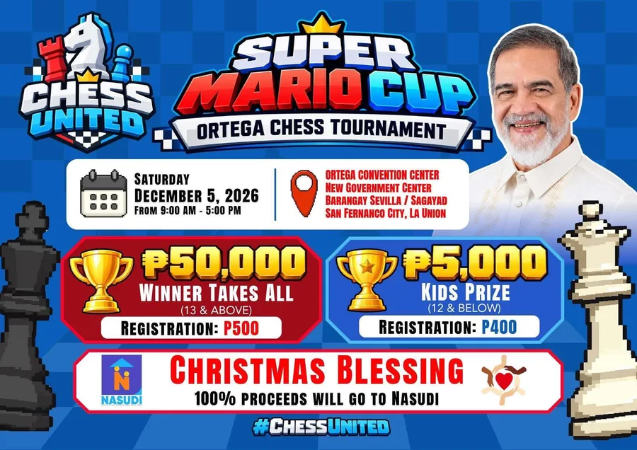 Official poster for Ortega Chess Tournament: Super Mario Cup, Saturday, 5 December 2026 at Ortega Convention Center.