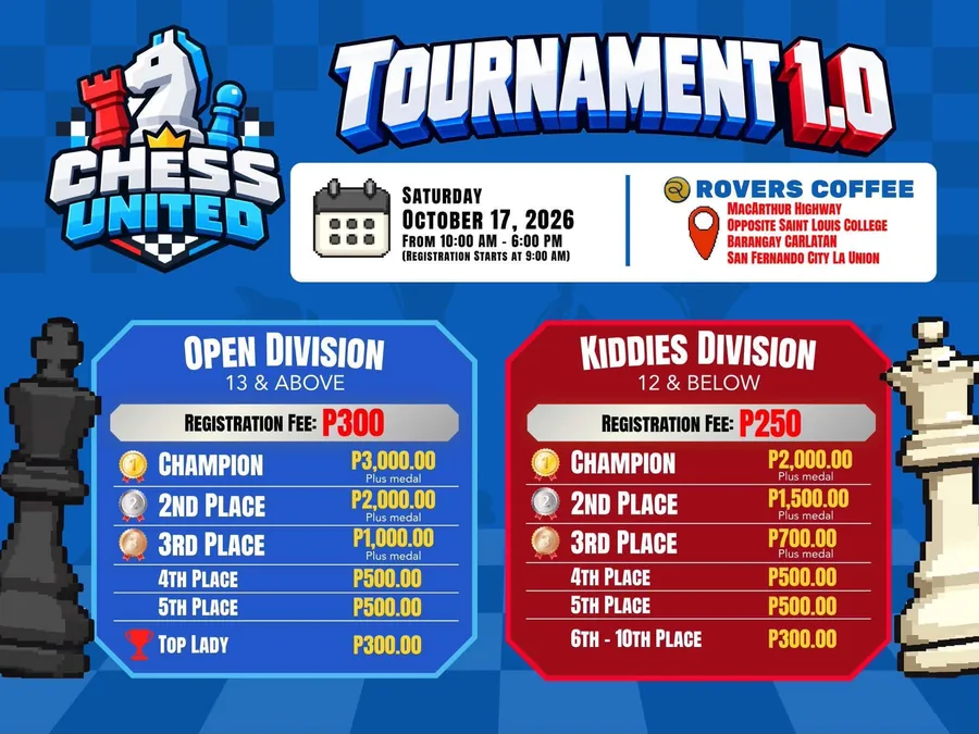 Official poster for Chess United Tournament 1.0 on 17 October 2026 at Rovers Coffee.