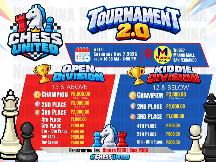 Official poster for Chess United Tournament 2.0, Saturday, 7 November 2026 at Manna Mall.